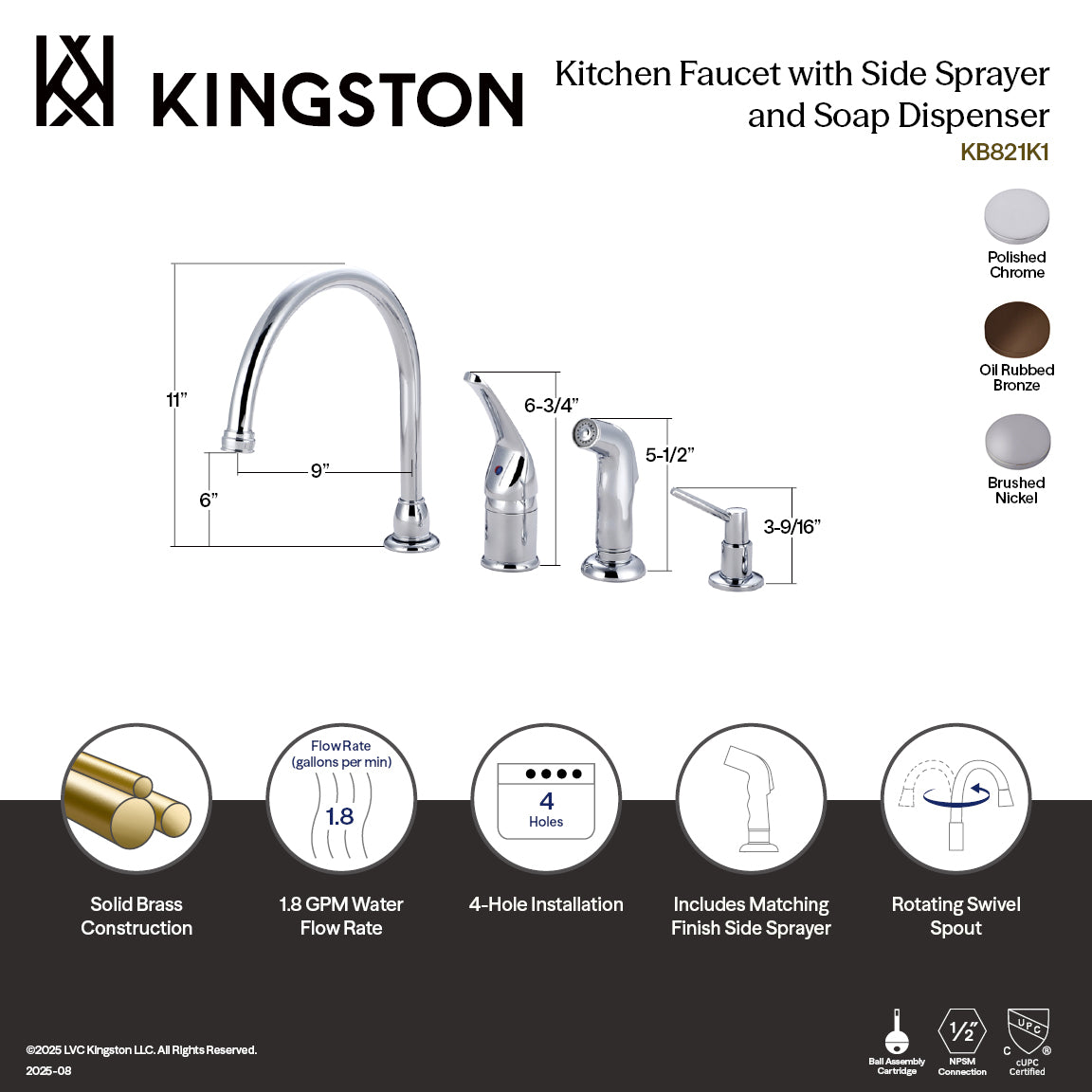 Kingston Tulare KB821K1 - Chatham Single-Handle 4-Hole Widespread Kitchen Faucet with Side Sprayer and Soap Dispenser, Polished Chrome — thumbnail 2